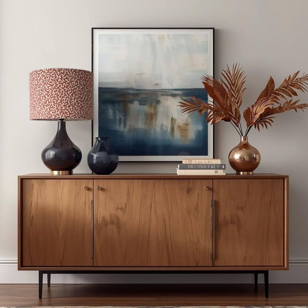 Romo Junie Pimento drum lampshade  on navy lamp base shown on a wooden cabinet with an abstract painting in the background