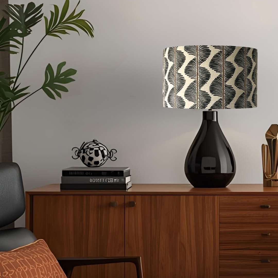 Romo Aubin Chia lampshade shown styled n a sideboard 