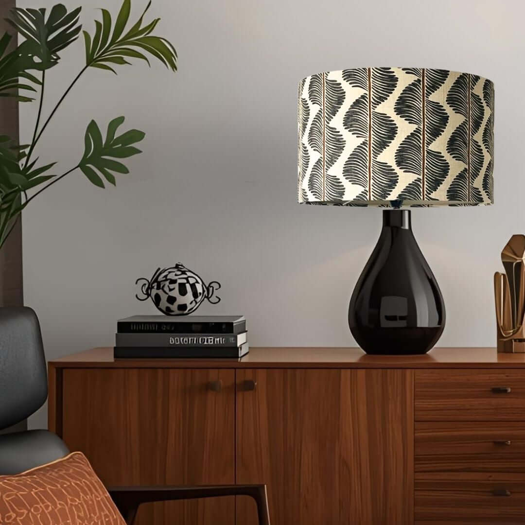 Romo Aubin Chia lampshade shown styled n a sideboard 