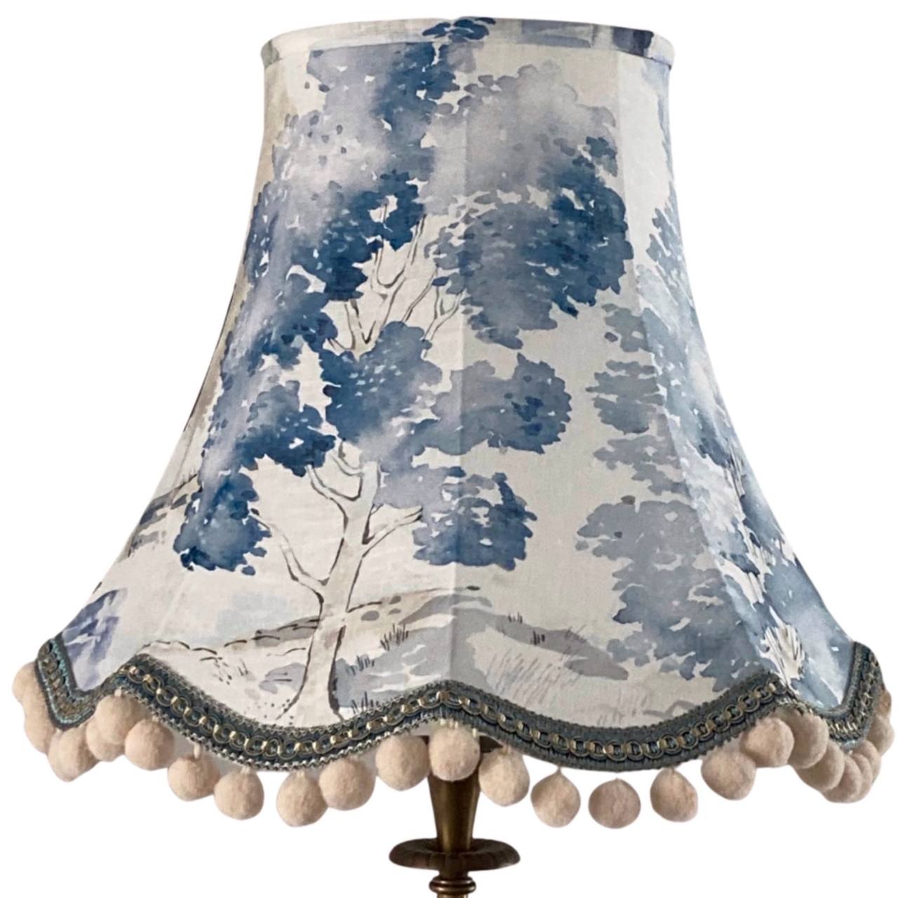 Bowed empire lampshade made with sanderson waterperry linen and pom pom trim 