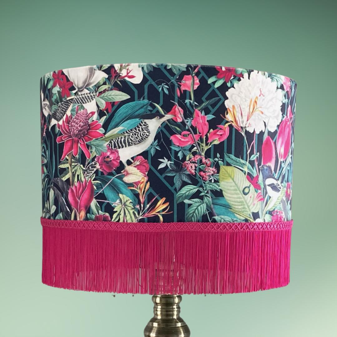 Jungle birds and florals lampshade with hot pink fringe 