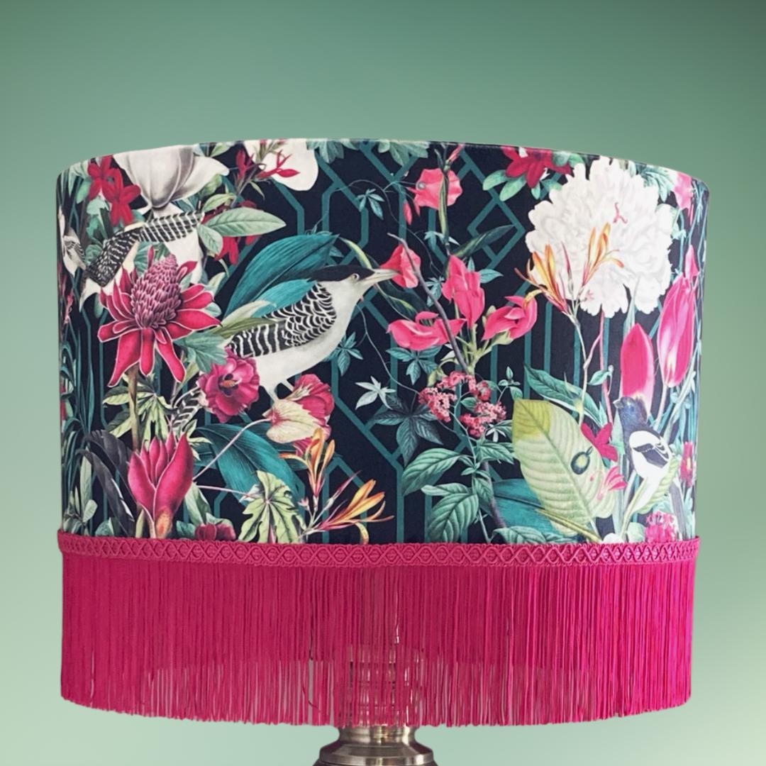 Jungle birds and florals lampshade with hot pink fringe 