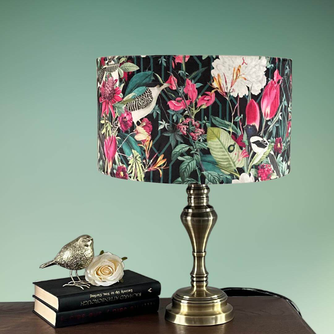 Velvet Drum Lampshade with Bold jungle fabric featuring birds, florals and botanicals on lampstand