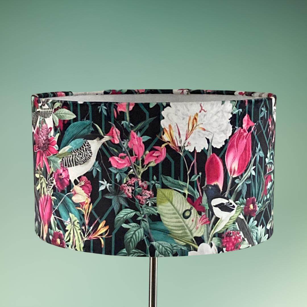 Velvet Drum Lampshade with Bold jungle fabric featuring birds, florals and botanicals 