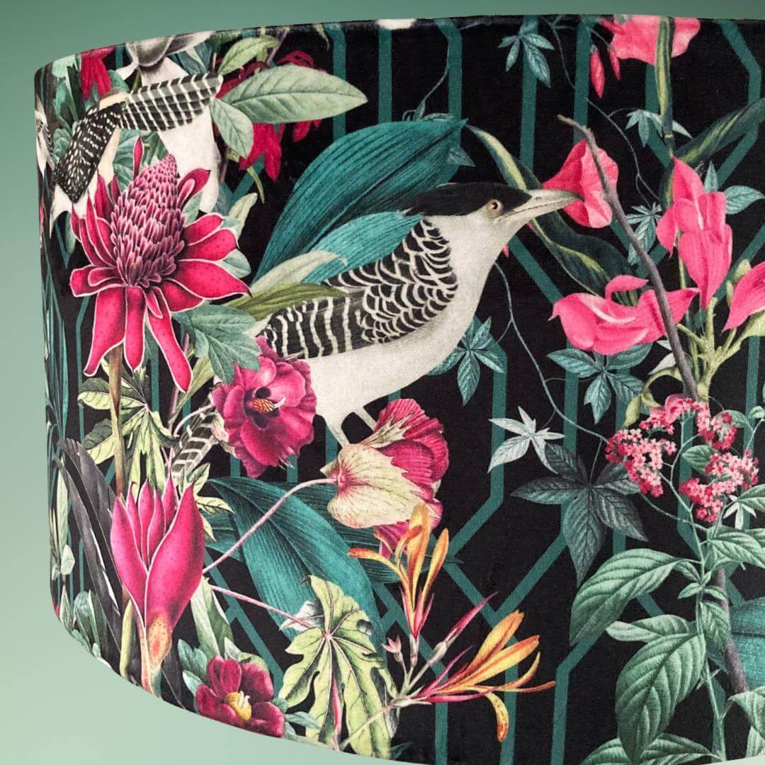 Velvet Drum Lampshade with Bold jungle fabric featuring birds, florals and botanicals 