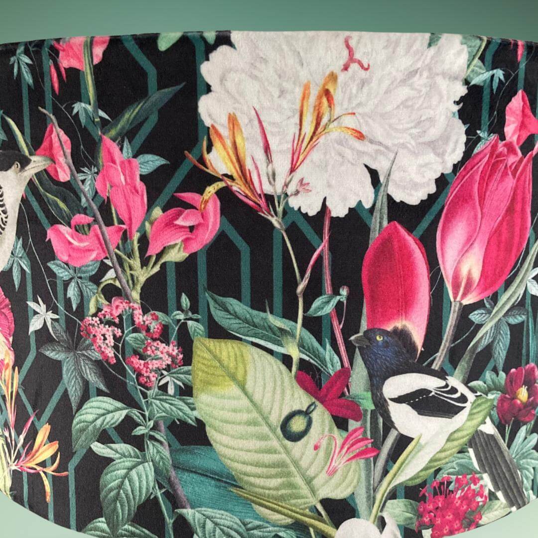 Velvet Drum Lampshade with Bold jungle fabric featuring birds, florals and botanicals 