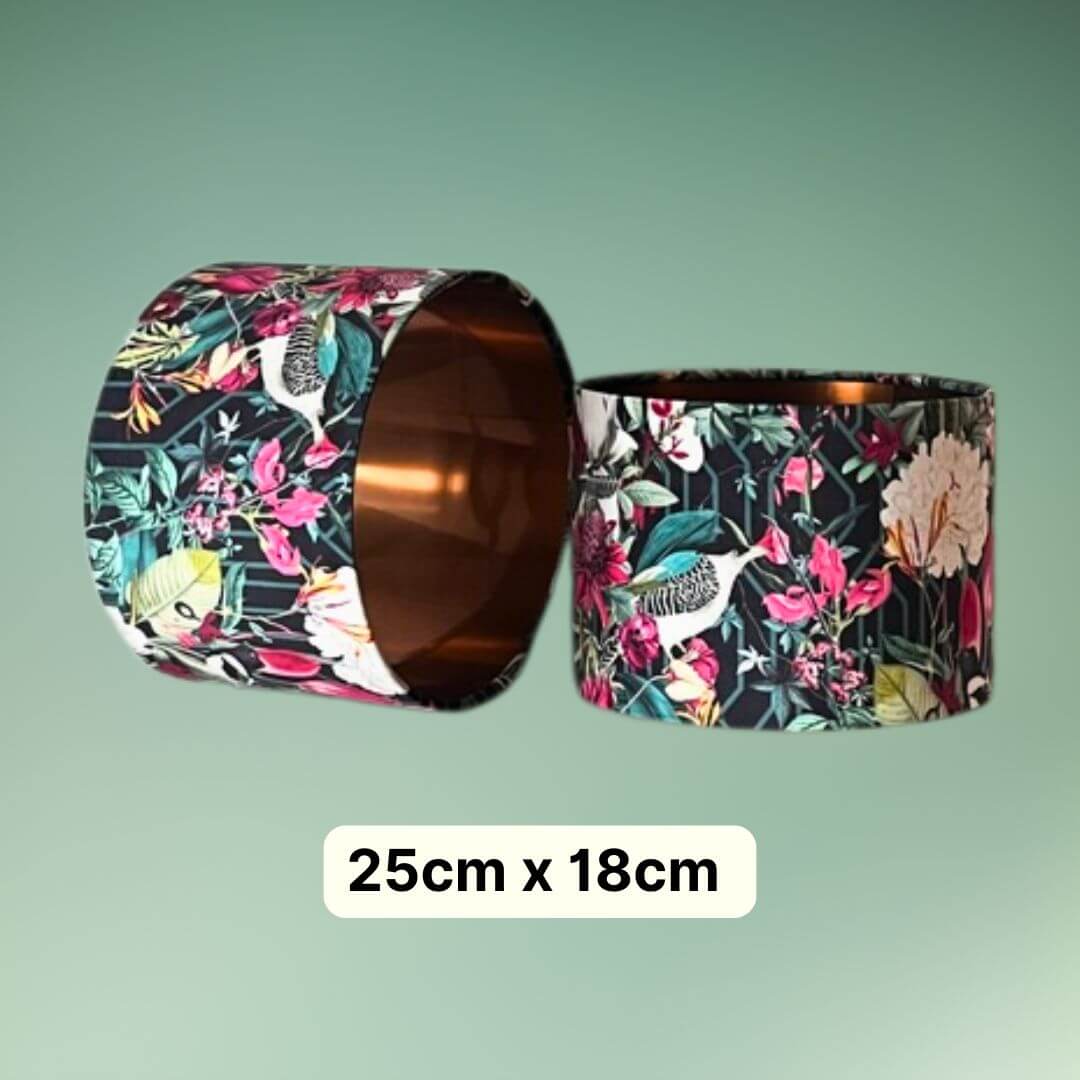 Velvet Drum Lampshade with Bold jungle fabric featuring birds, florals and botanicals and a copper inner - small size