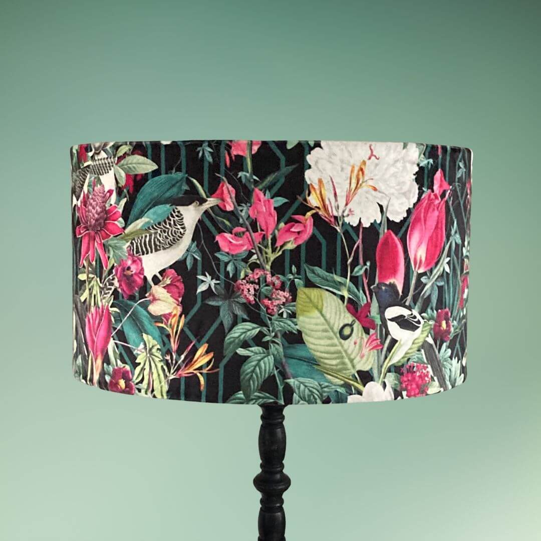 Velvet Drum Lampshade with Bold jungle fabric featuring birds, florals and botanicals 