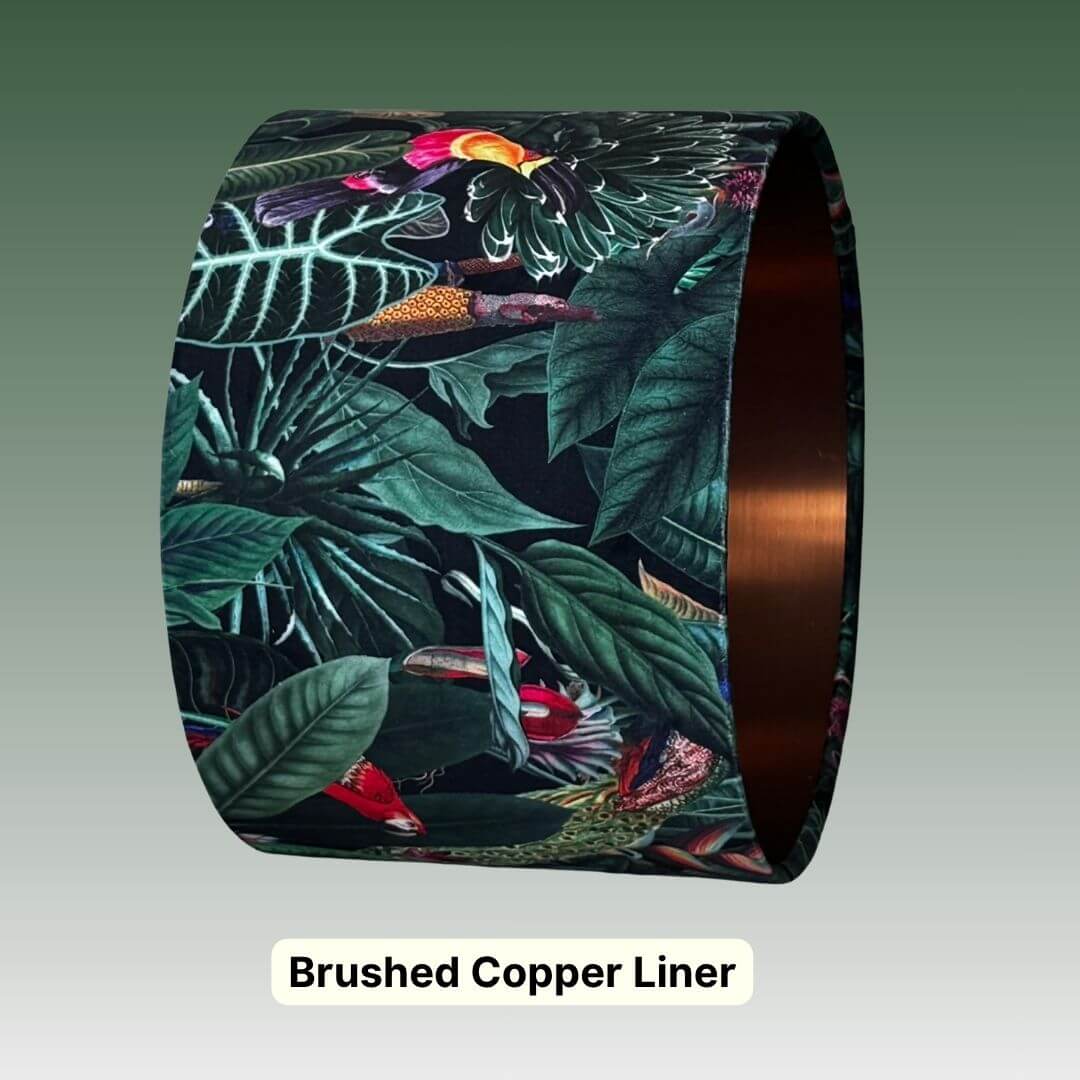 Vibrant velvet drum lampshade with jungle palms, parrots and toucans and a brushed copper liner