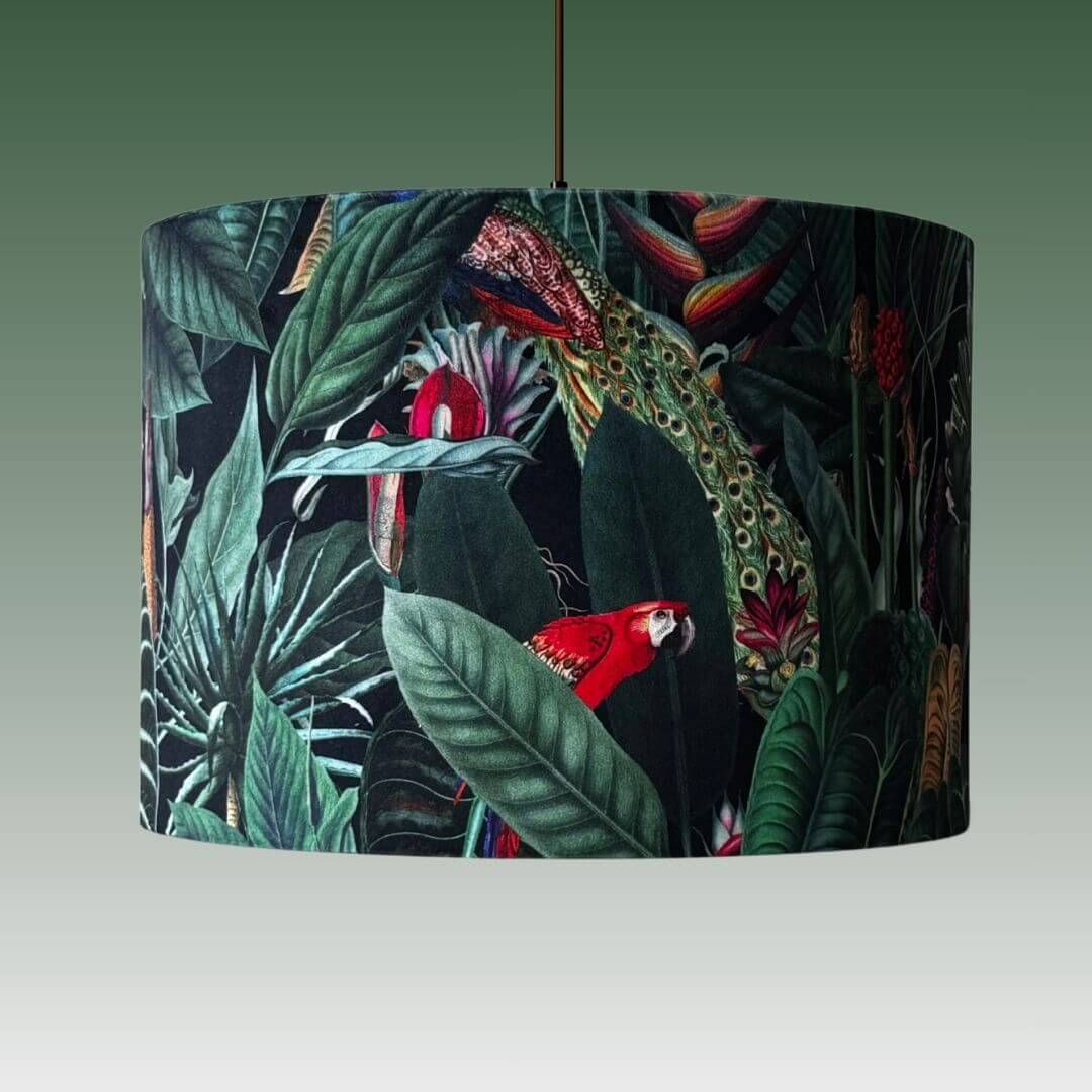 Vibrant velvet drum lampshade with jungle palms, parrots and toucans on a ceiling light