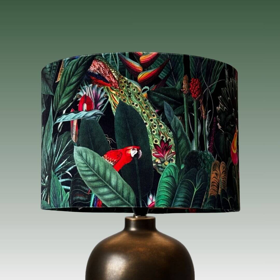 Vibrant velvet drum lampshade with jungle palms, parrots and toucans