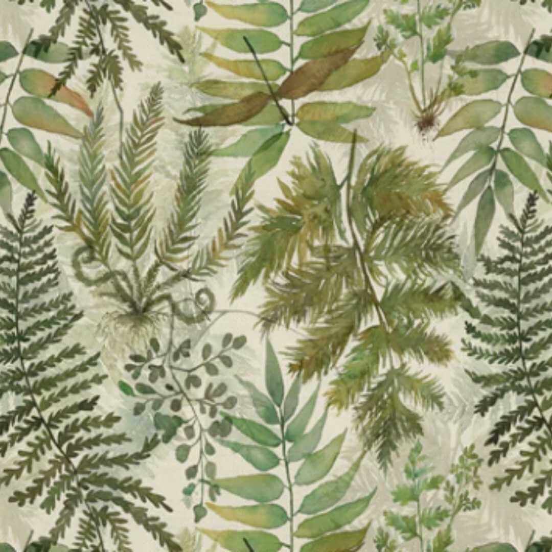 Voyage Maison Elowen fabric with a pattern of green leaves on a light background