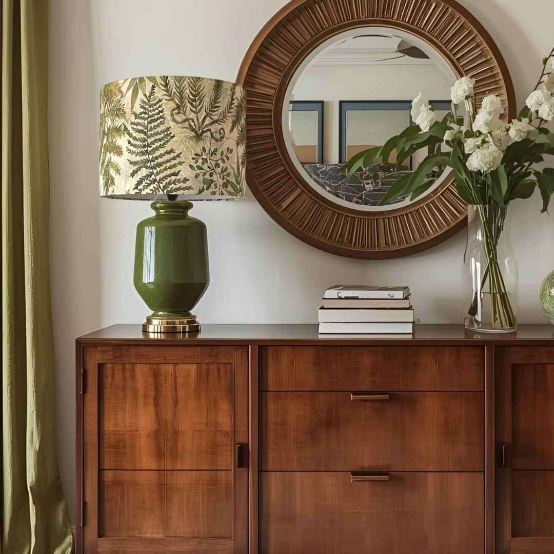 Voyage Maison Elowen drum lampshade with ferns and leaves on a sideboard with a mirror and flowers
