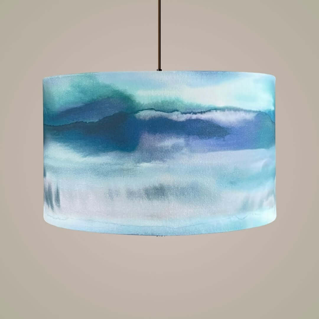 Voyage Maison Fjord Cobalt Drum lampshade on a ceiling light
