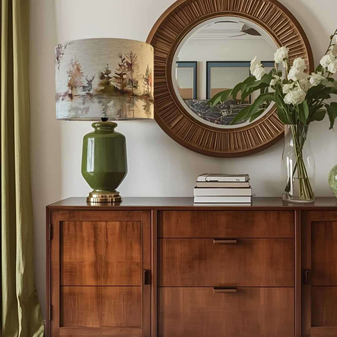 Drum lampshade in Voyage Maison Wilderness fabric in plum shown on a sideboard with mirror and flowers