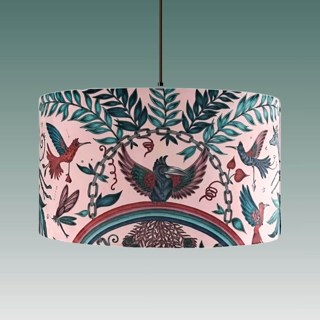 Emma J Shipley zambezi gazelle pink velvet lampshade showing birds