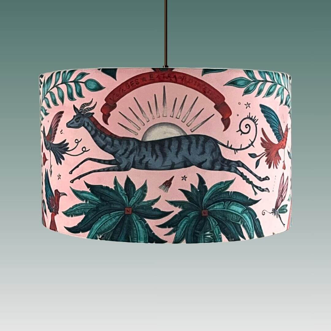 Emma J Shipley zambezi gazelle pink velvet lampshade shown on a ceiling pendant