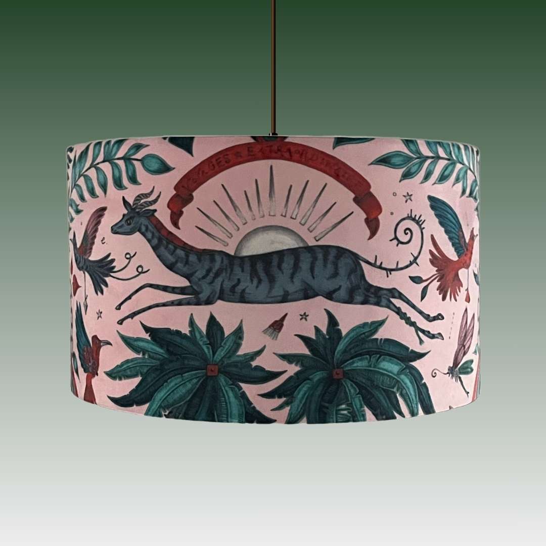 Emma Shipley design Lampshade with gazelle and floral design on a pink  velvet background