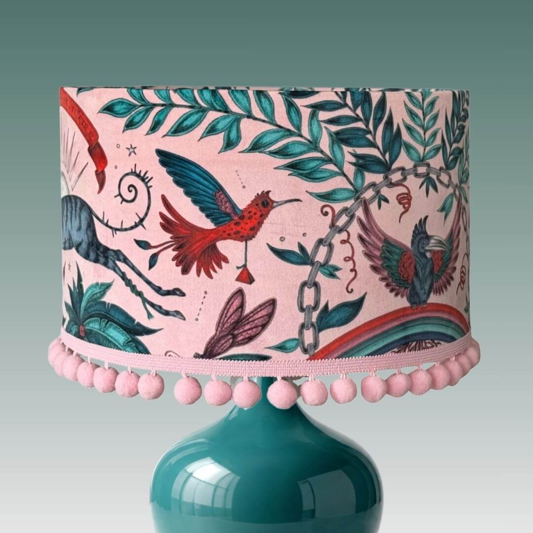 Zambezi Gazelle Pink Velvet Lampshade with Pom-Pom Fringe