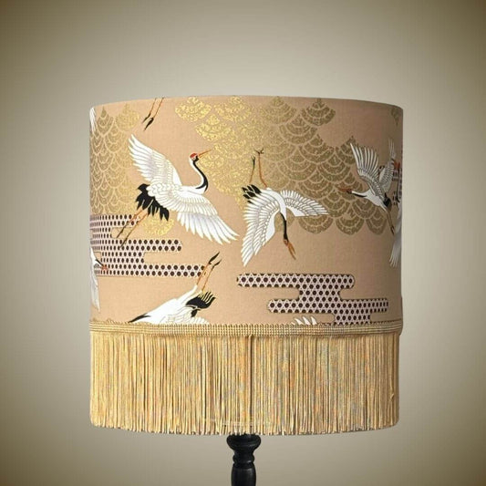 Decorative lampshade with Japanese crane design and fringe
