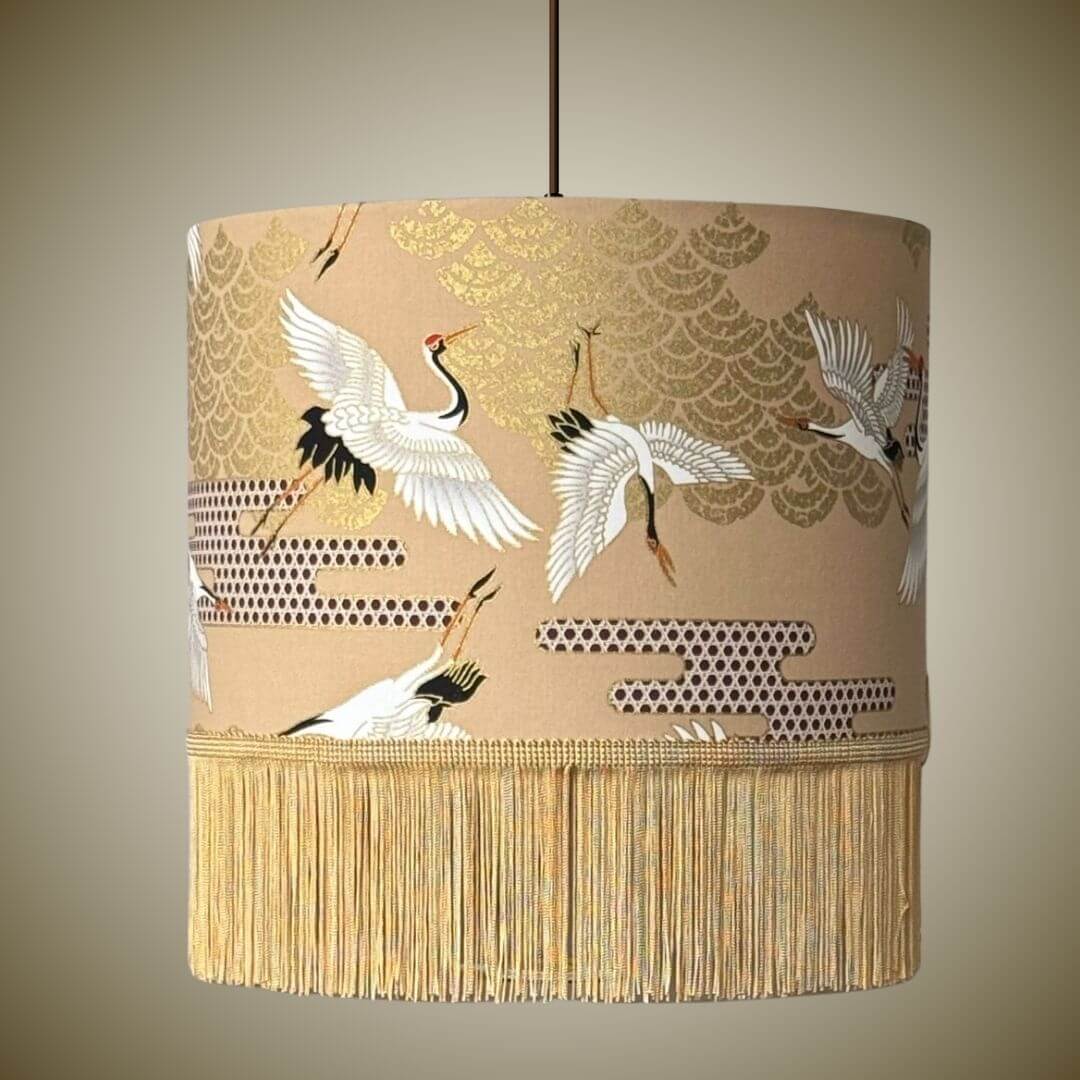 Decorative lampshade with Japanese crane design and fringe