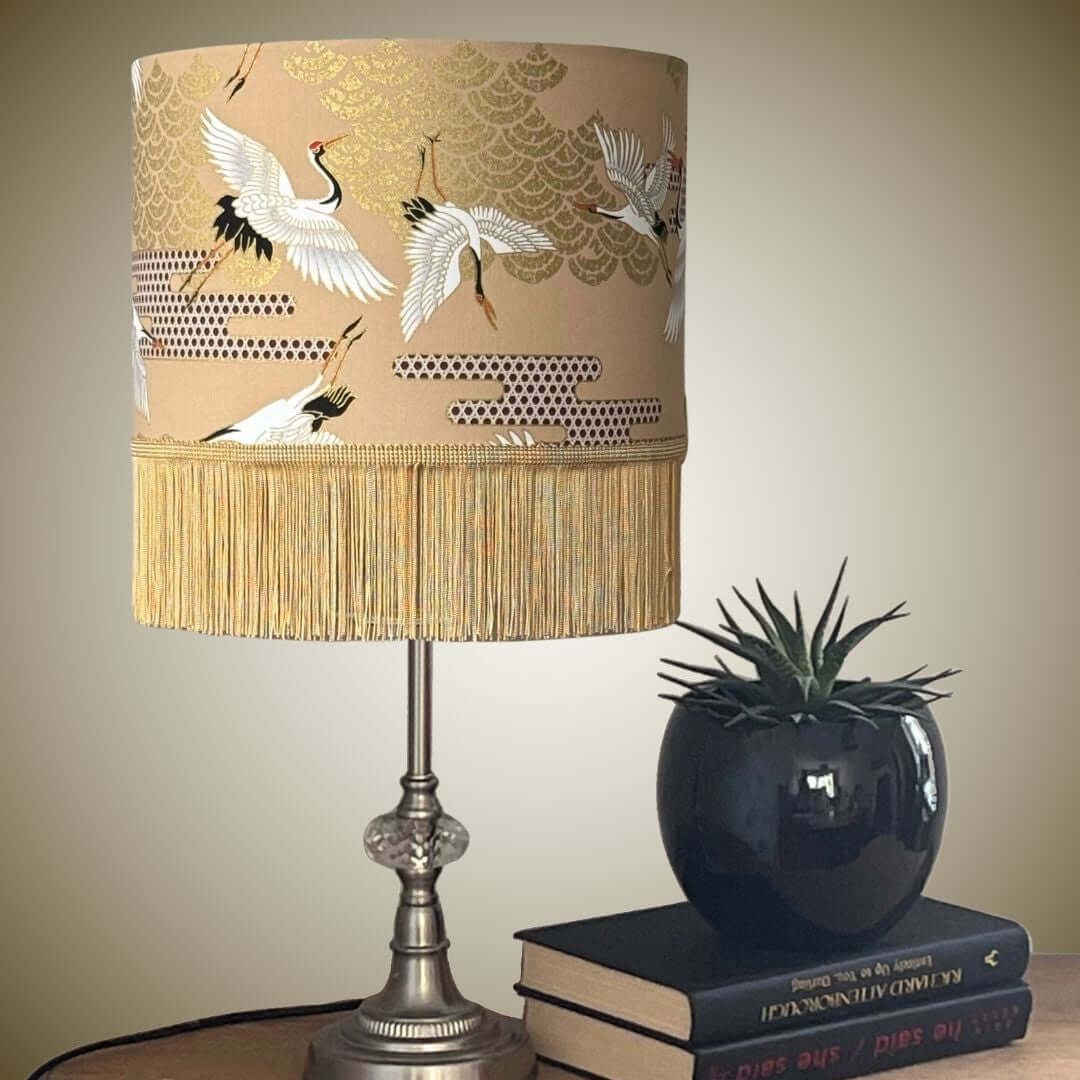 Decorative lampshade with Japanese crane design and fringe