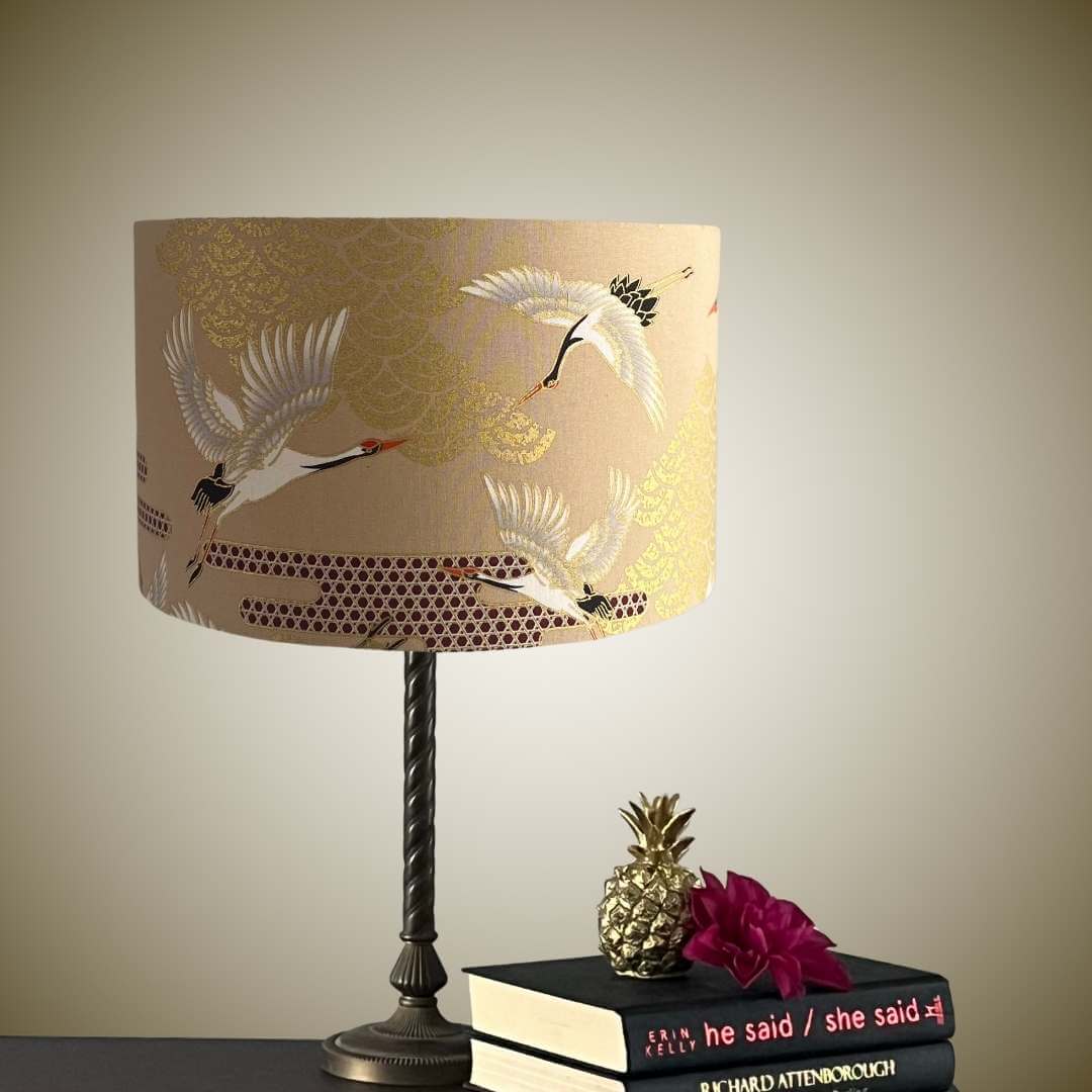 Oriental Art Deco Japanese Cranes Beige  Drum Lampshade