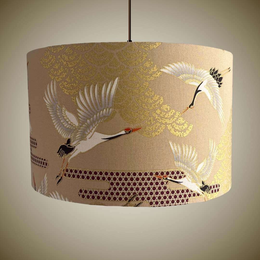 Oriental Art Deco Japanese Cranes Beige  Drum Lampshade