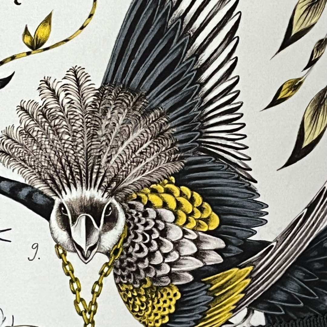 Emma J Shipley Audubon Drum Lampshade featuring exotic birds and foliage in shades of gold, yellow, beige, and charcoal grey on a white background, showing detail of an exotic bird