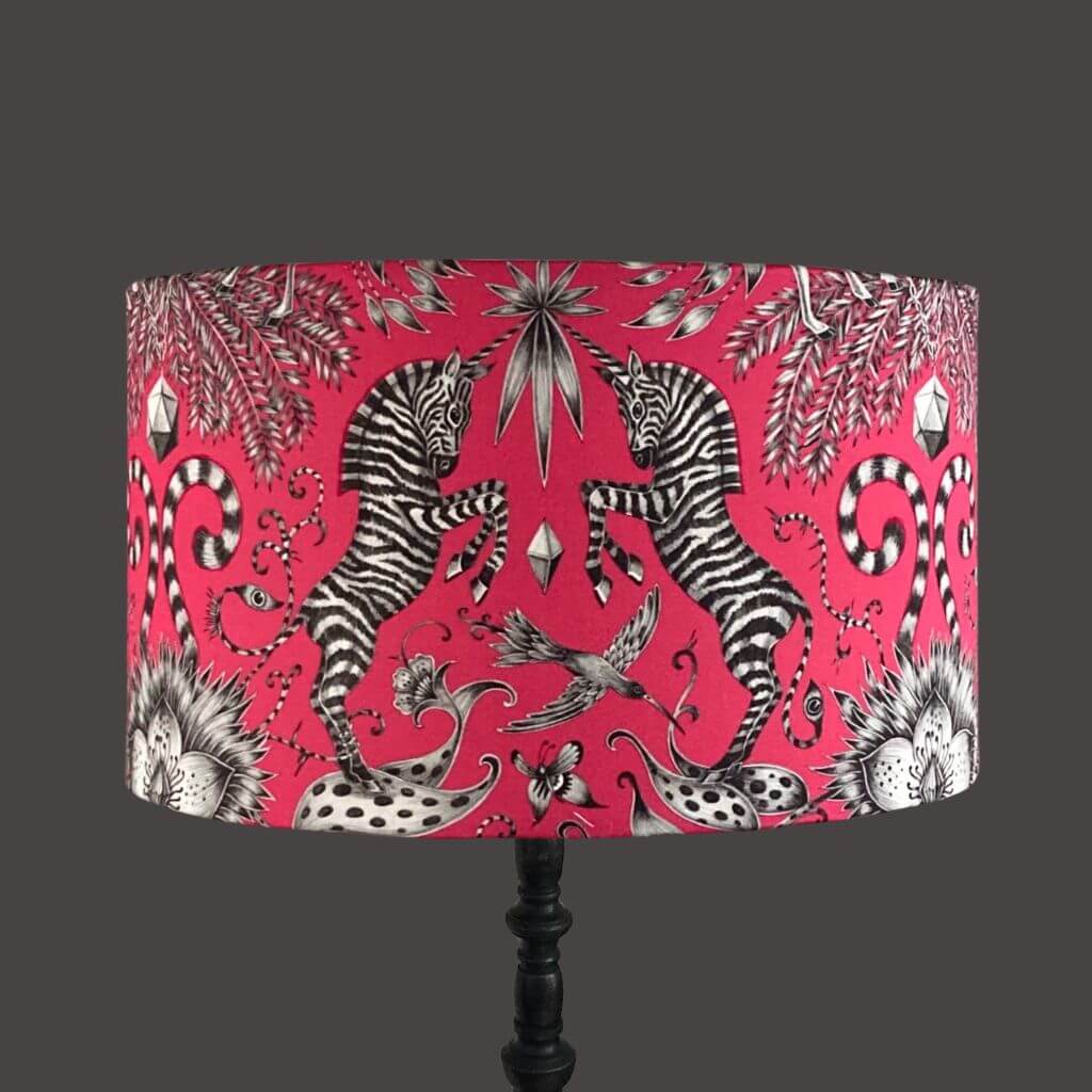 Emma J Shipley Kruger drum lampshade quirky design in hot pink with zebras and jungle foliage