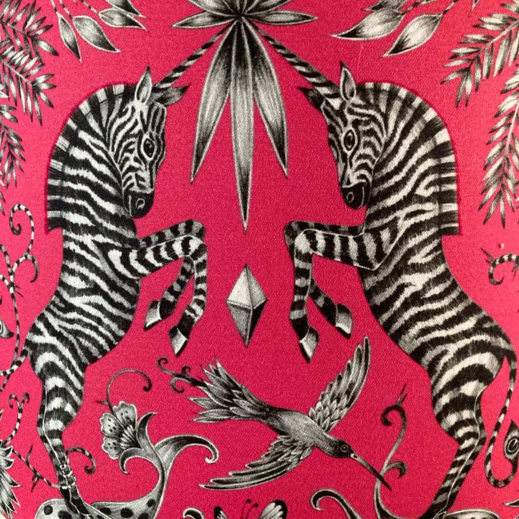 Emma J Shipley Kruger drum lampshade quirky design in hot pink with zebras and jungle foliage detail