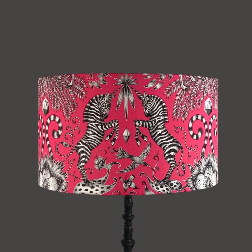 Emma J Shipley Kruger drum lampshade quirky design in hot pink with zebras and jungle foliage