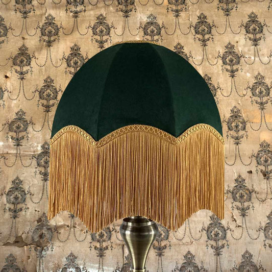 vintage style parachute lampshade in Green velvet with deep gold fringe topped with braid