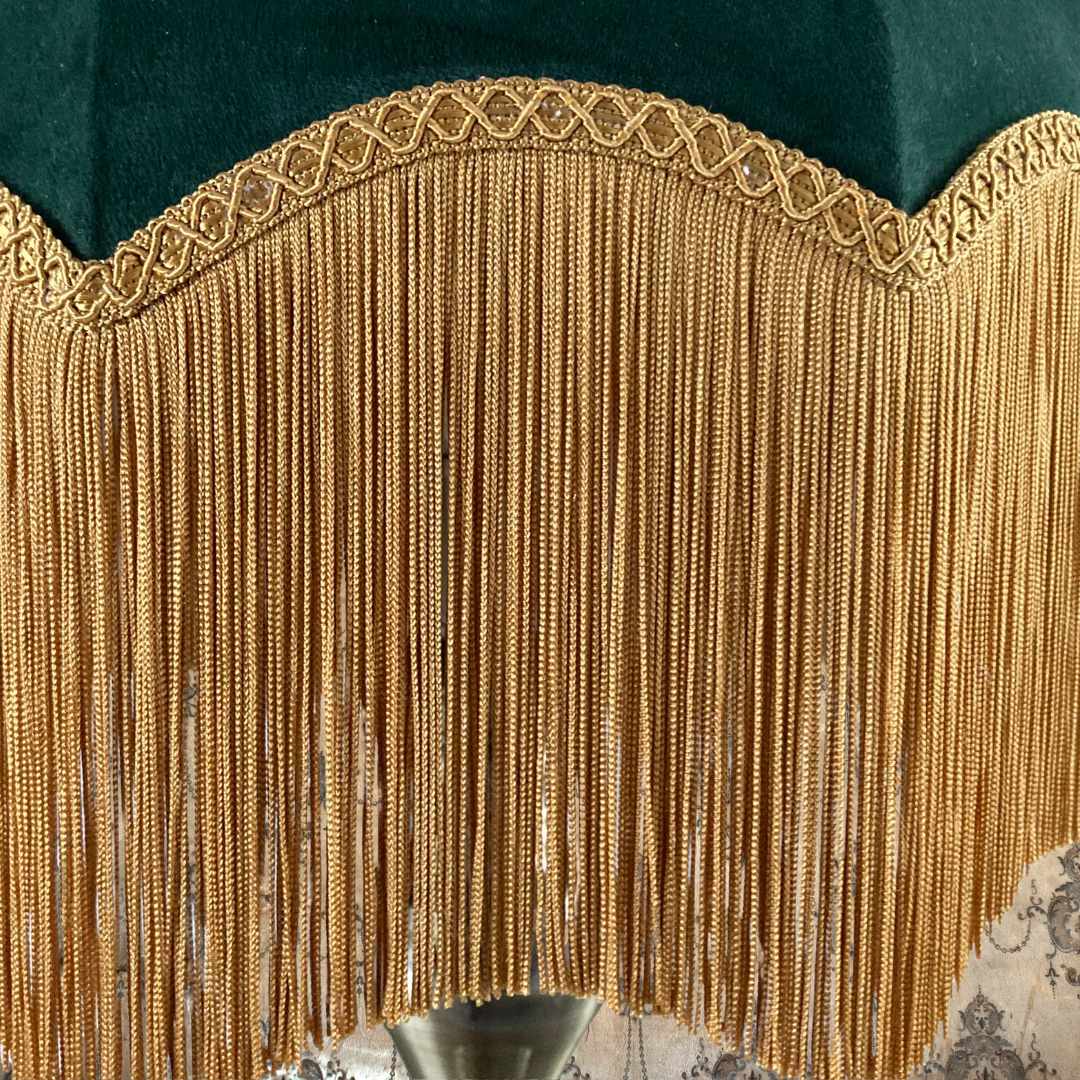 vintage style parachute lampshade in Green velvet with deep gold fringe topped with braid detail