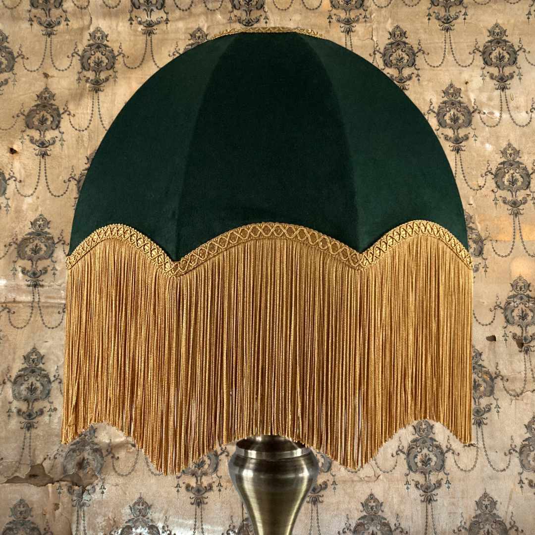 vintage style dome lampshade in Green velvet with deep gold fringe topped with braid