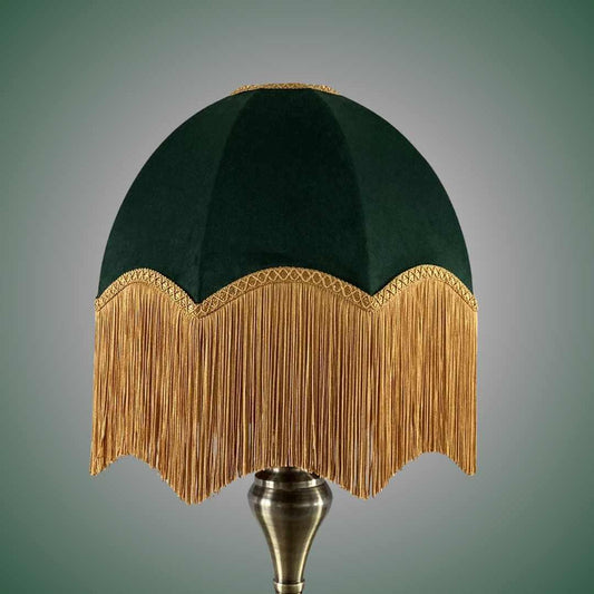 vintage style parachute lampshade in Green velvet with deep gold fringe 