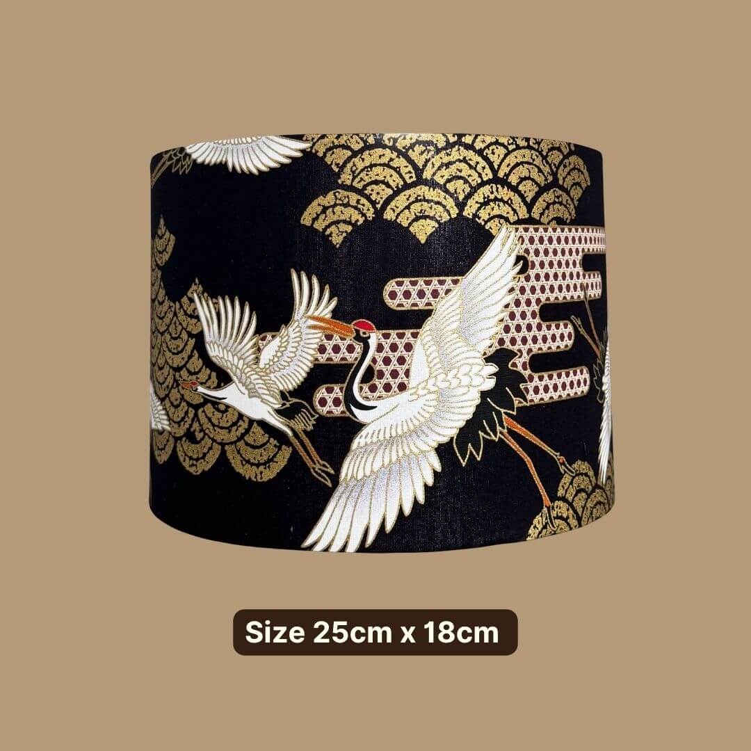 Japanese Cranes Lampshade, with cranes in flight and Art Deco-style clouds on a black background with gold metallic accents small size