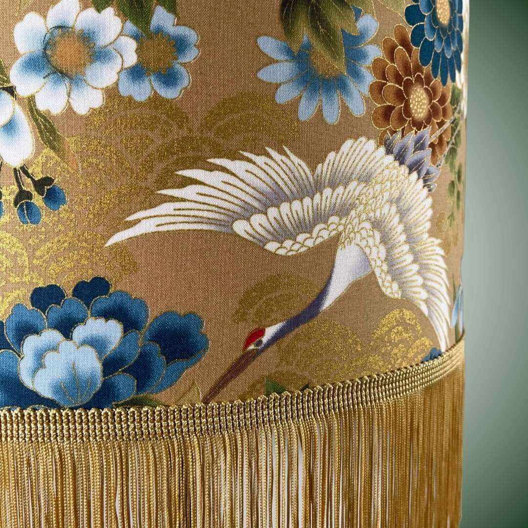 Japanese cranes and blue florals lampshade with fringe- close up