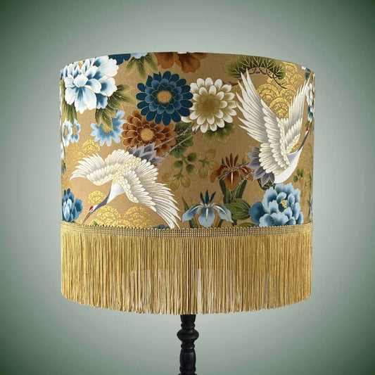 Japanese cranes and blue florals lampshade with fringe