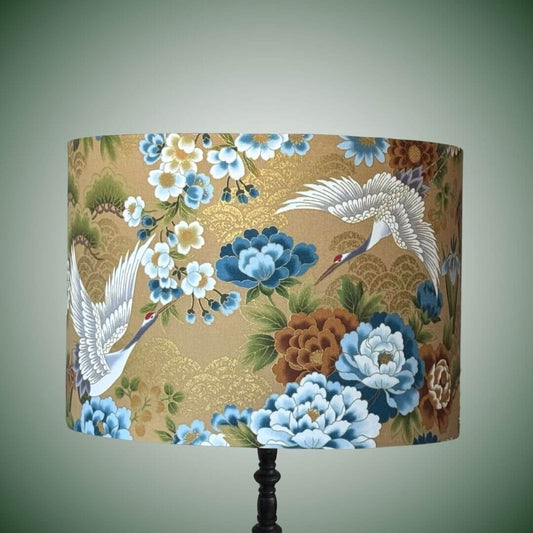 Japanese cranes drum lampshade with blue & white florals  on black lampbase 