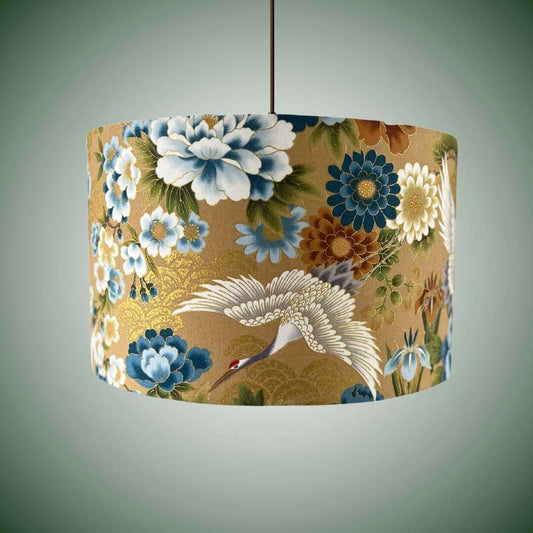 Japanese cranes drum lampshade with blue & white florals  on pendant