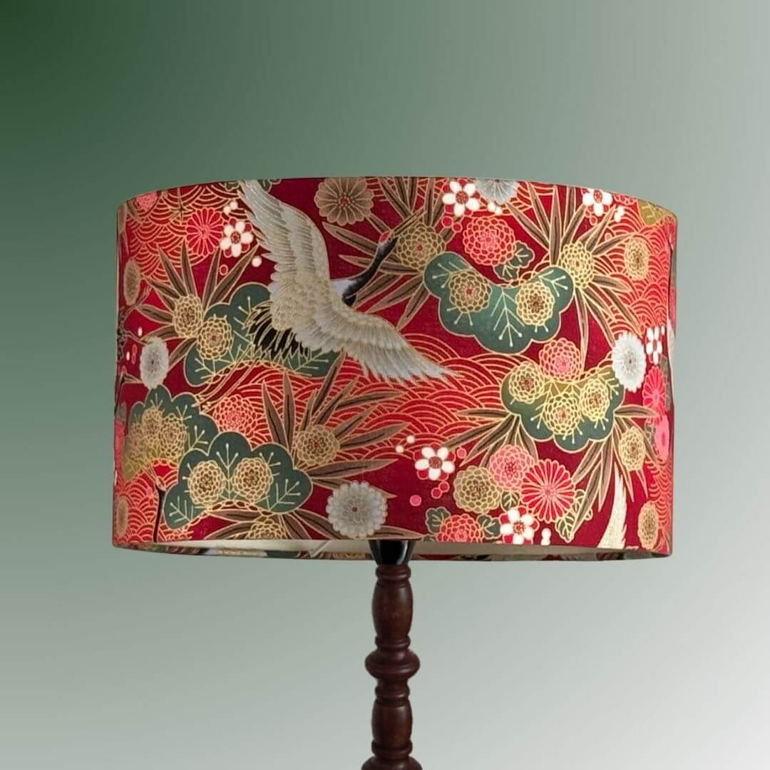 Drum Lampshade made with Authetic Japanese fabric with cranes, florals and metalic gold accents on brown lamp 