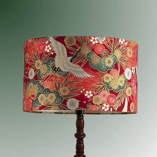 Drum Lampshade made with Authetic Japanese fabric with cranes, florals and metalic gold accents on brown lamp 