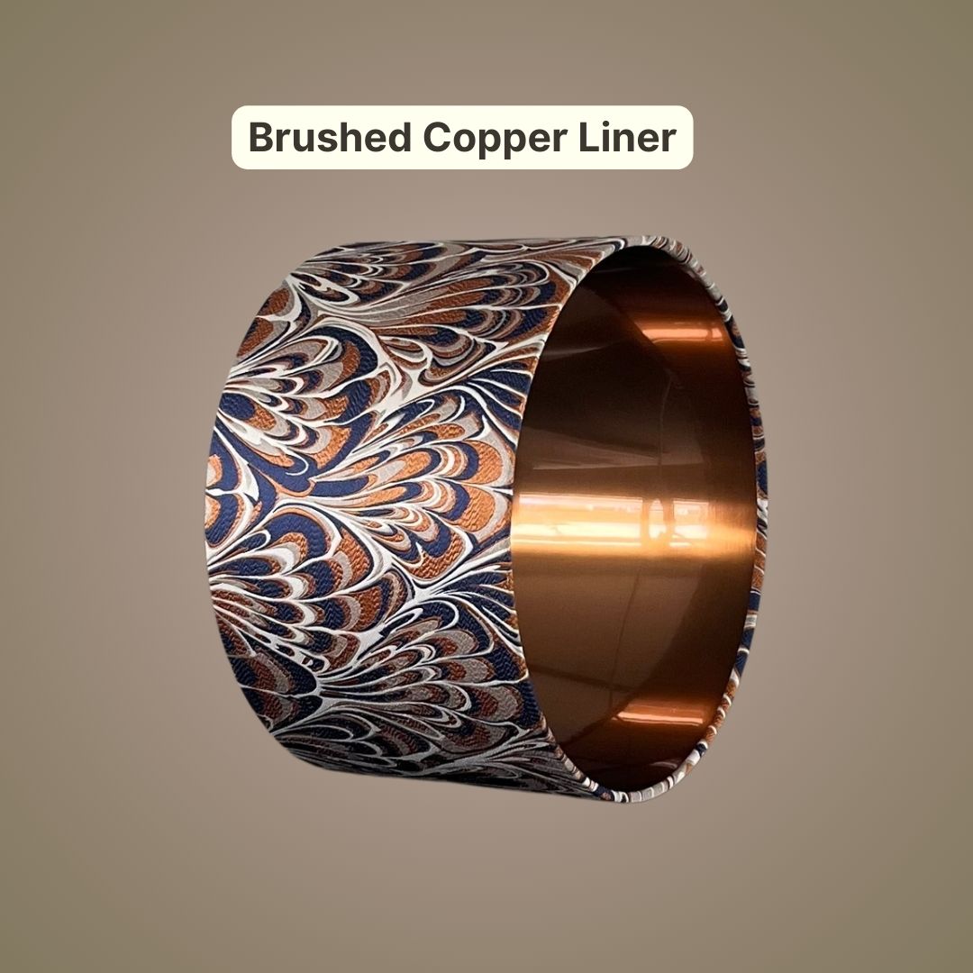 Orange and Navy Blue feather marble patterned lampshade with copper inner