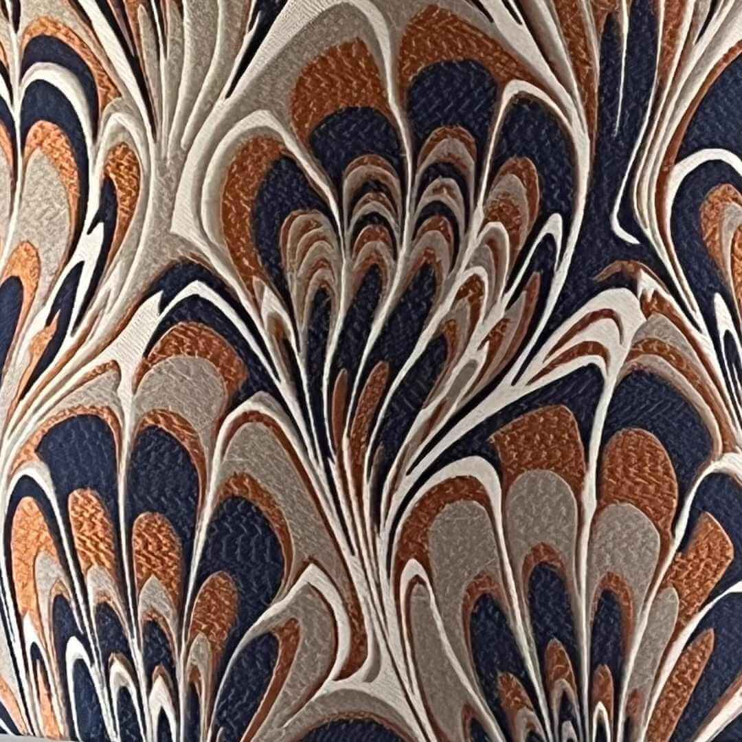 Orange and Navy Blue feather marble patterned lampshade close up fabric detail