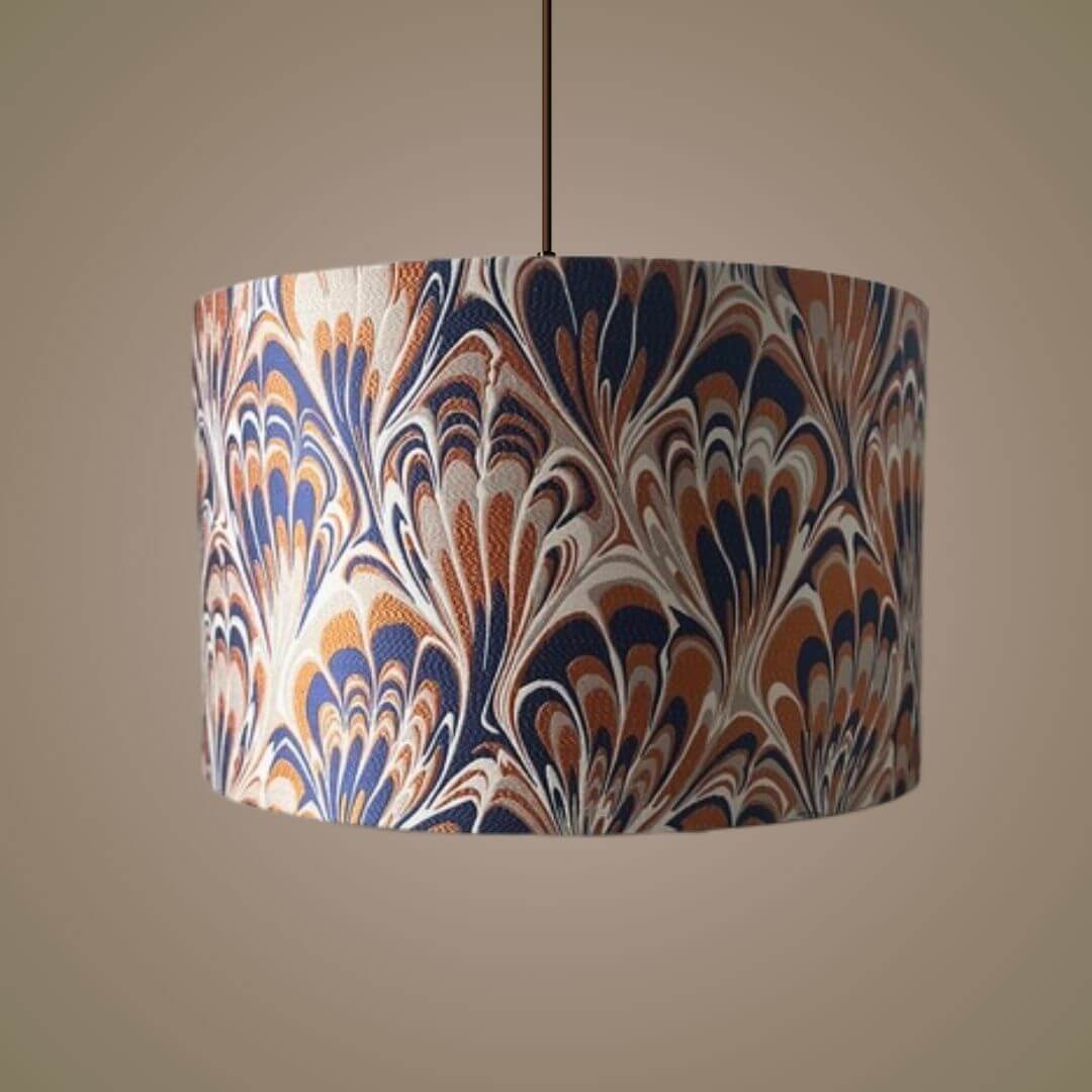 Orange and Navy Blue feather marble patterned lampshade on pendant
