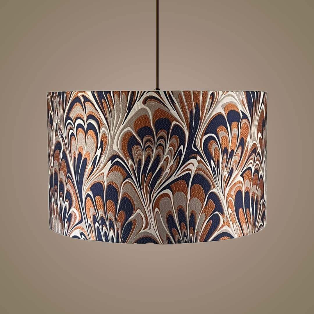 Orange and Navy Blue feather marble patterned lampshade on pendant