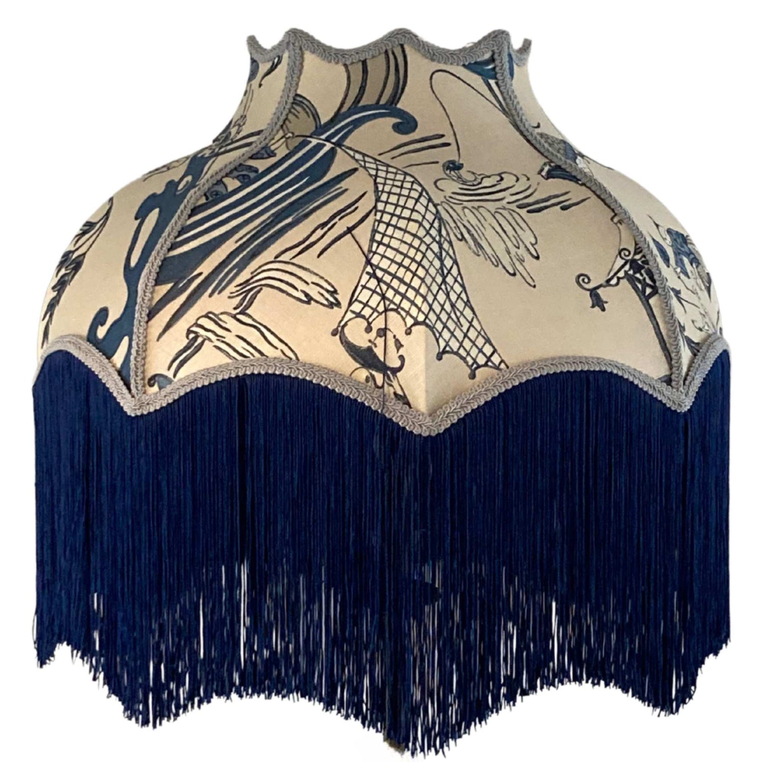 ornate vintage style lampshade with deep navy blue fringe