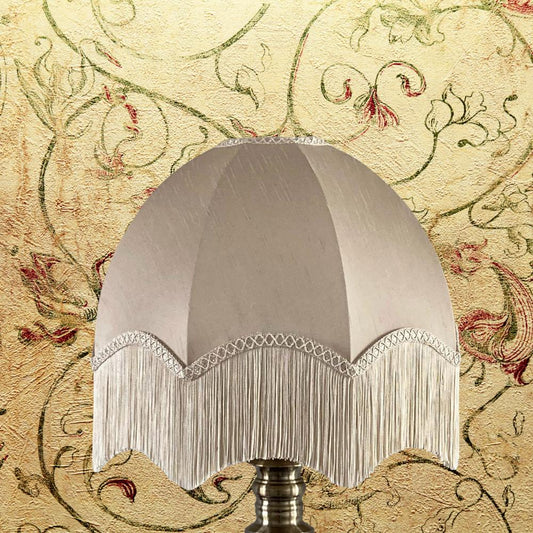 vintage style dome parachute style lampshade with neutral champagne silk and matching fringe tassels 