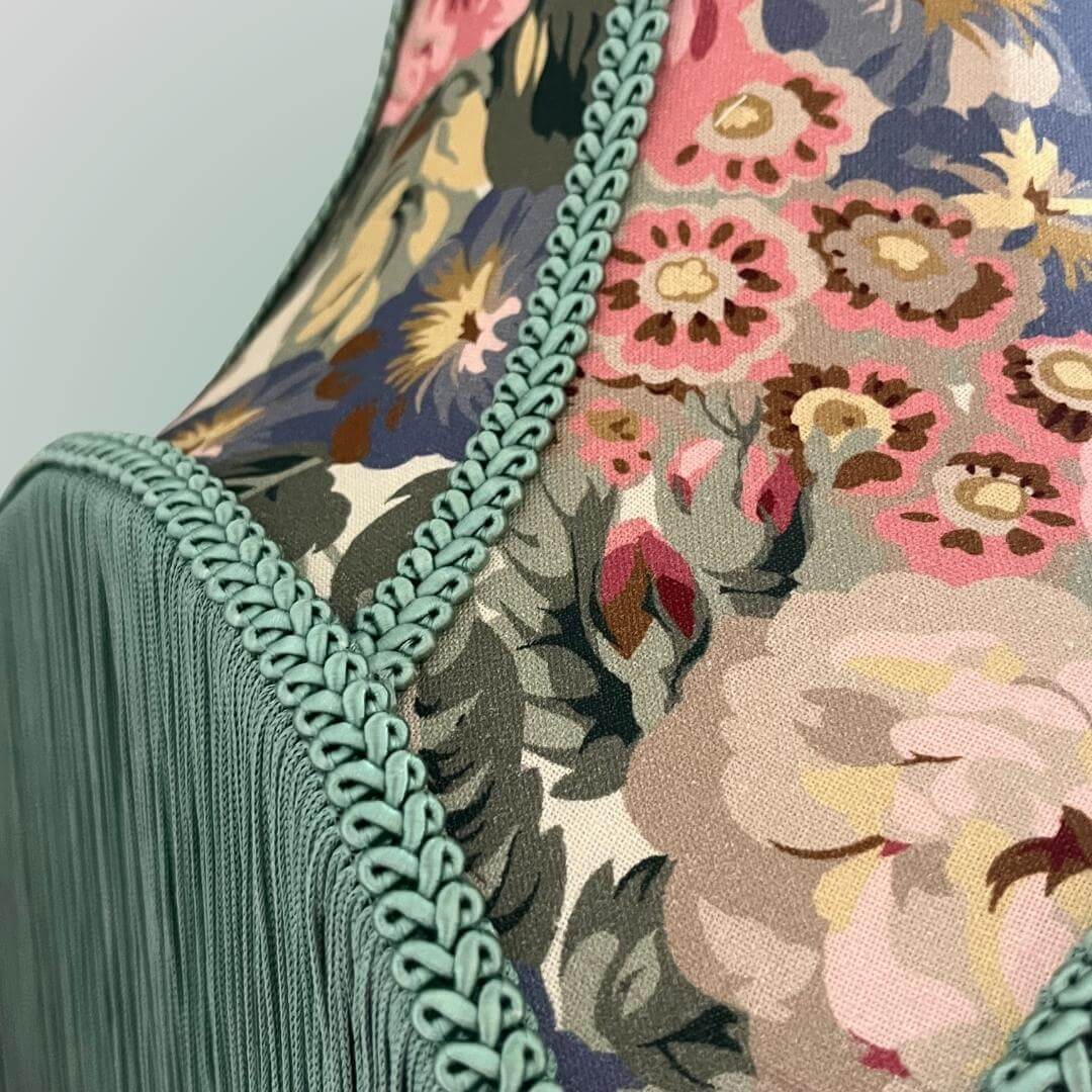 vintage style bowed empire lampshade with cut outs in floral chintz close up